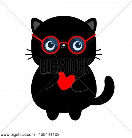 Black Cat Wearing Red Round Shape Sunglasses Eyeglasses. Red Heart. Funny Sunglass. Blue Lenses, Red