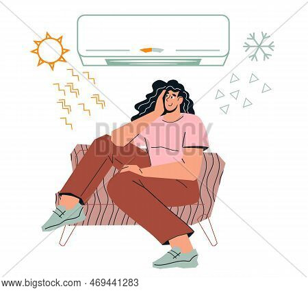 Climate Control And Air Conditioner System Of Air Cooling And Heating. Banner With Woman Enjoying Ai