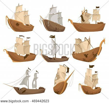Broken Ships Icons Set. Cartoon Wooden Battered Ships With Tattered Flag And Sails After Wreck Or At