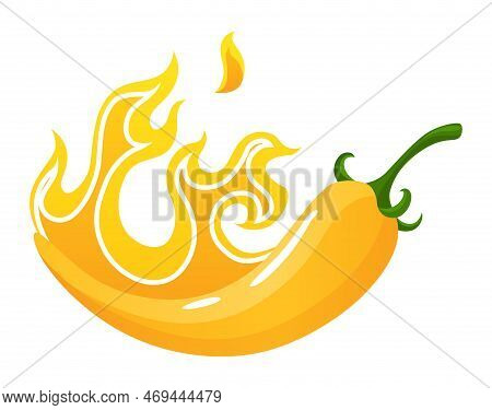 Level. Hot Chili Pepper Icon With Flame And Color Rating Of Medium. Yellow Level Of Pepper Sauce Or 