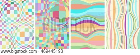 Retro Groovy Style Color Art Poster Set. Psychedelic Hippie Swirl Rainbow Background Collection. Vin