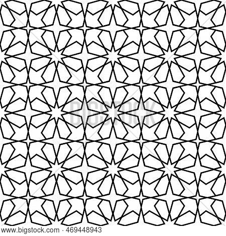 Arabic Mashrabiya, Islamic Arabesque Seamless Pattern. Monochrome Line Ethnic Ornament With Stars, A