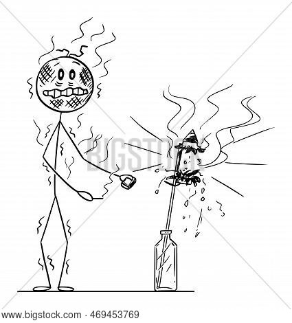 Firework Exploded During Lightning, Vector Cartoon Stick Figure Illustration