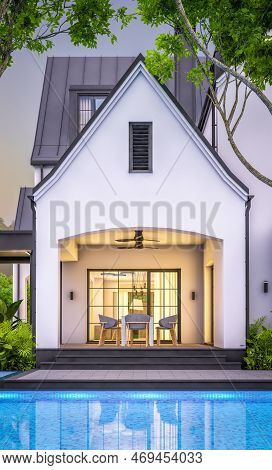 3D Rendering Of White And Black Modern Tudor House In Evening