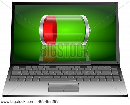 Laptop Computer With Red Battery On Green Dektop - 3d Illustration