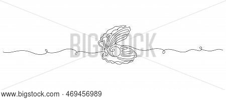 Continuous One Line Drawing Of Open Oyster Shell With Pearl. Seashell Symbol And Banner Of Beauty Sp