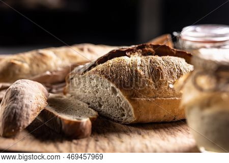Fresh Sourdough Rye Bread Cut On A Cutting Board