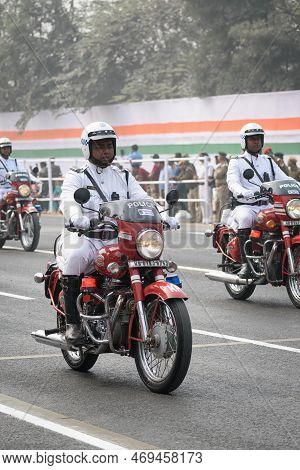 Kolkata Police Sergeant On Motorcycle Preparing For Taking Part In The Upcoming Indian Republic Day