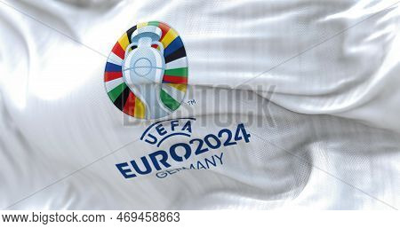 Berlin, De, October 2022: Uefa Euro 2024 Flag Flying. The 17th Edition Will Take Place From 14 June 