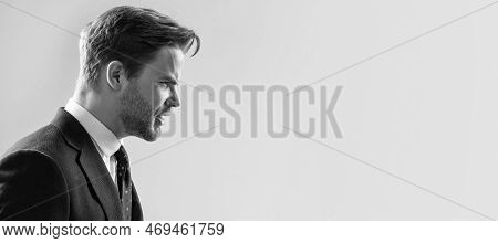 Hes Really Angry. Angry Boss Grey Background. Professional Man Show Anger Man Face Portrait, Banner 