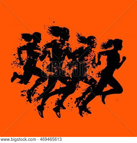 Running People Silhouette With Burning Effect. Silhouette Of A Group Of Running People.