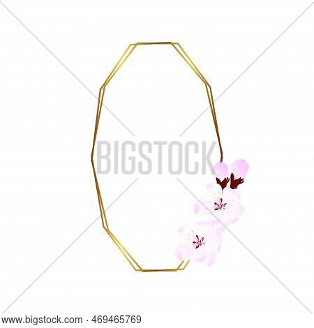Gold Frame With Soft Pink Flowers. Wedding Invitation Template. Vector Illustration. A Wreath Of Che