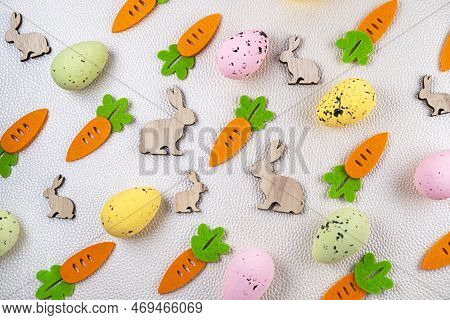 Easter Pattern Eggs Rabbit Carrot Easter Pattern Made Of Colored Eggs, Decorative Carrots And Bunny 