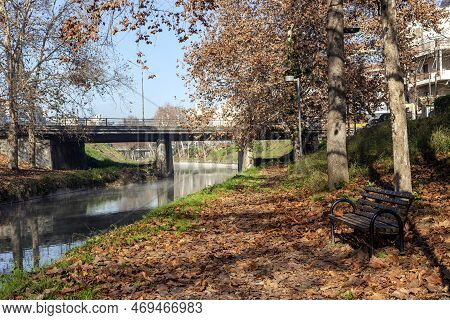 View Of The City Of Trikala, Recreation Area, Bridge And The Embankment Of The Historical Litheos Ri
