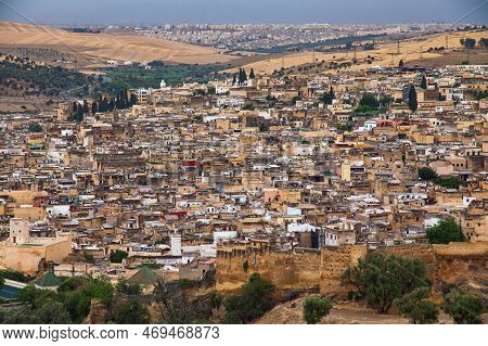 Aerial View Of The Fez El Bali Medina. Is The Oldest Walled Part Of Fez, Morocco. Fes El Bali Was Fo