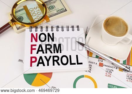 Business Concept. On The Table Is A Cup Of Coffee, Money, Business Charts And A Notepad With The Ins