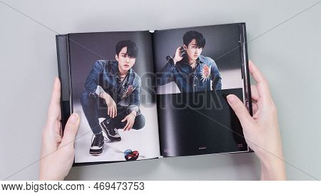 Fan Holding Stray Kids Maxident Mini Album Photobook On Grey. Music Cd. South Korean Boy Band Strayk