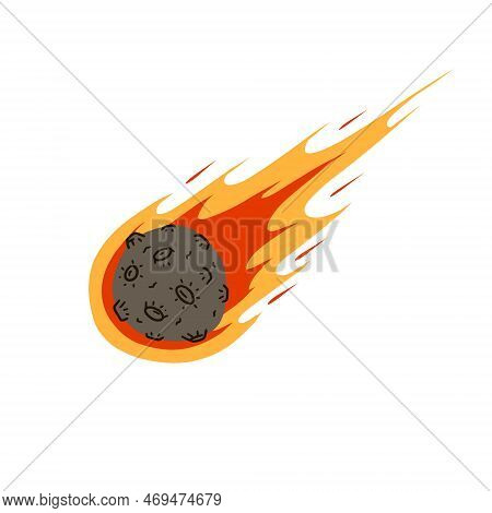 Flying Asteroid, Burning Comet. Astronomical Object With Tail Vector Design Illustration. Dangerous 