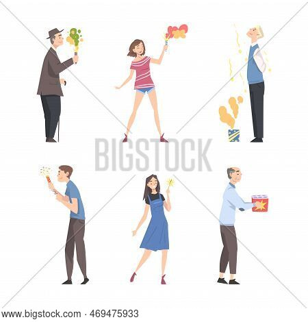 Happy People Characters With Sparklers And Fireworks Celebrating Holiday Vector Set