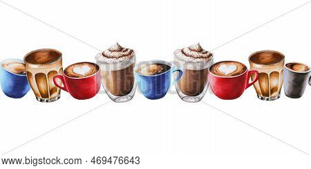 Watercolor Bordure With Coffee In Porcelain And Glass Cups. Hand Painting Espresso, Americano, Latte