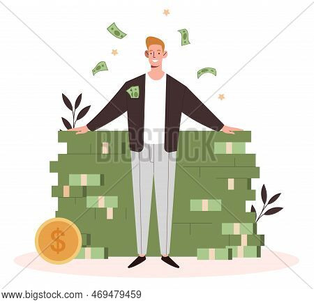 Businessman And Money Concept. Successful Entrepreneur Or Investor With Banknotes And Golden Coins. 
