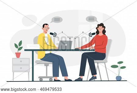 Audio Podcast Concept. Man And Woman With Microfoams And Laptops Sitting In Studio. Production Of In