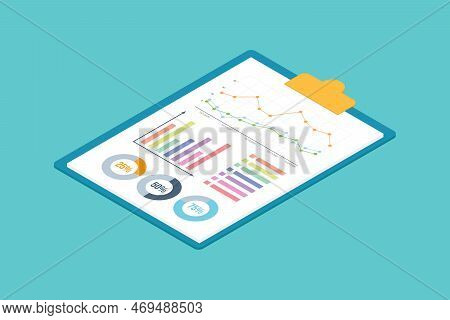 Isometric Graph Chart On The Clipboard With 3d Style On The Business Paper - Vector Illustration