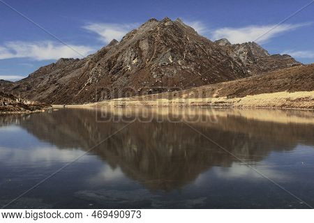 Panoramic View Of Beautiful Sela Lake, Reflection Of Himalayan Mountain Peak On Water, Sela Pass, Ta