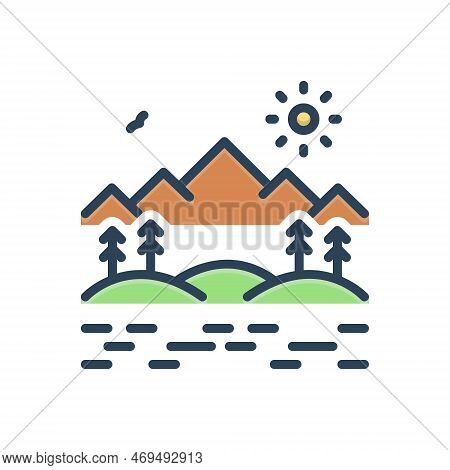 Color Illustration Icon For Valley Dale Vale Basin Dene Canyon Gulch Sunrise Mountain River Tree