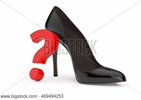 Black High Heels Wooman Shooes With Red Question Mark On A White Background. 3d Rendering