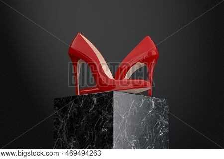 Red High Heels Wooman Shooes Over Black Promotion Cube On A Black Background. 3d Rendering