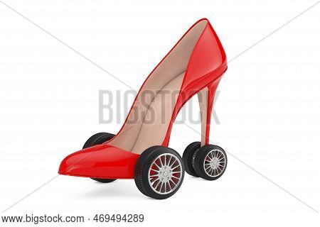 Red High Heels Wooman Shooes With Wheels Tyre On A White Background. 3d Rendering