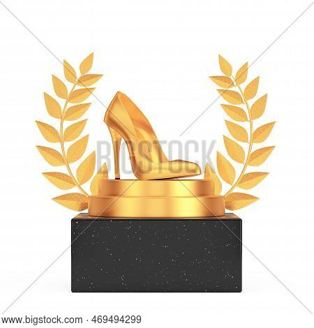 Winner Award Cube Gold Laurel Wreath Podium, Stage Or Pedestal With Gold High Heels Wooman Shooes On