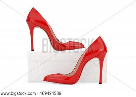Red High Heels Wooman Shooes With Blank White Cardboard Shoebox On A White Background. 3d Rendering