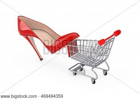 Red High Heels Wooman Shooes With Shopping Cart Trolley On A White Background. 3d Rendering