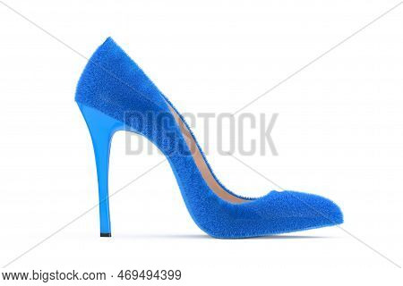 Blue Fur High Heels Wooman Shooes On A White Background. 3d Rendering