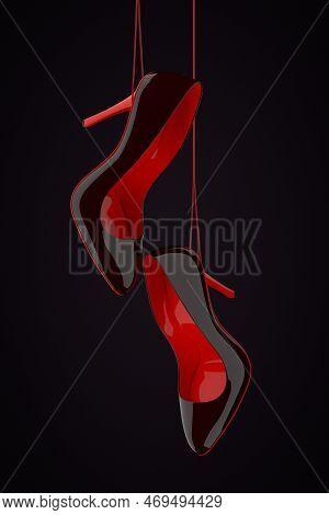 Black And Red High Heels Wooman Shooes Hanging On Rope On A Black Background. 3d Rendering