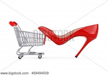 Red High Heels Wooman Shooes With Shopping Cart Trolley On A White Background. 3d Rendering