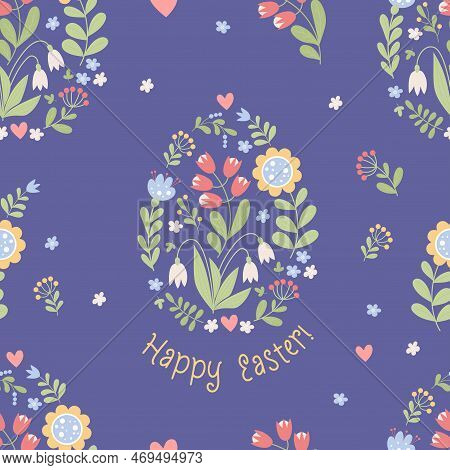 Easter Seamless Pattern. Flowers And Flowering Easter Egg On Blue Background. Vector Illustration. B