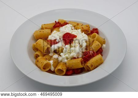 Mezze Maniche Rigate, Italian Pasta, With Cherry Tomatoes And Stracciatella Cheese.