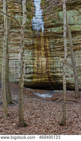 Small Trees Frame Up A Partial Icefall On A Canyon Wall In Kaskaskia Canyon, Starved Rock State Park