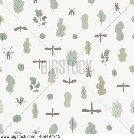 Seamless Pattern With Forester Insects, Beetles, Trees. Vector Illustration For Flamping Web, Fabric