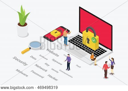 Isometric Cyber Security Concept With Team People And Padlock With Laptop And Smartphone Secure - Ve