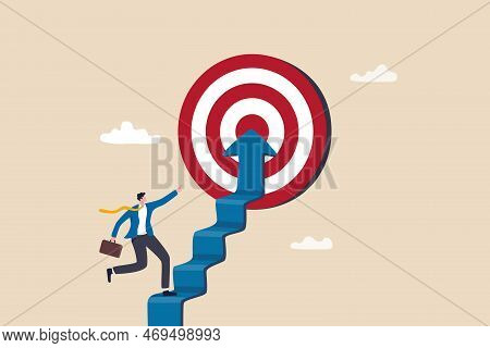 Reach Target Or Progress To Reach Goal, Career Step To Success, Achievement Or Growth, Challenge And