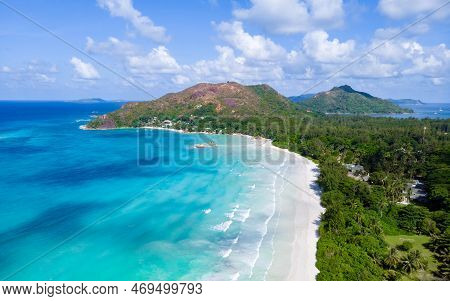 Drone View From Above At A Tropical Beach In The Seychelles, Anse Volbert Beach Praslin
