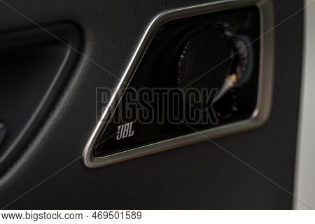 Moscow, Russia - December 11, 2021 Jbl Speaker Grille. Modern Car Interior Close Up View. Details Of