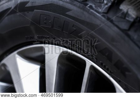 Moscow, Russia - December 11, 2021, Bridgestone Tires Wheel Close Up View. Bridgestone Blizzak Model