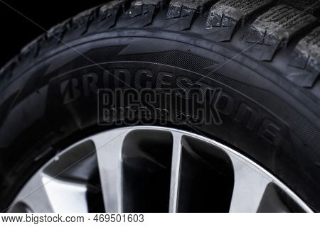 Moscow, Russia - December 11, 2021, Bridgestone Tires Wheel Close Up View. Bridgestone Blizzak Model
