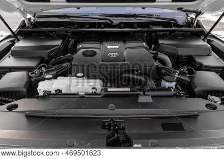 Moscow, Russia - December 11, 2021 Toyota Land Cruiser 300 (j300) Engine. Suv Car With Open Hood. Ca