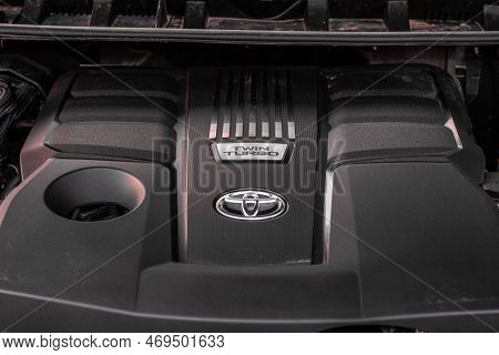 Moscow, Russia - December 11, 2021 Toyota Land Cruiser 300 (j300) Engine. Suv Car With Open Hood. Ca